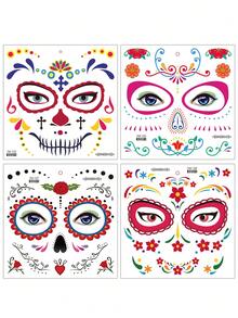 4 Sheets Day Of The Dead Sugar Skull Face Temporary Tattoo Stickers, Colorful Floral Skull Design, Waterproof Fake Face Decals For Halloween Carnival Cosplay Party Makeup - Multicolor - View 10