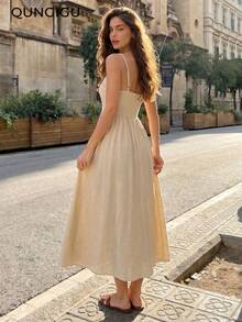Women's Spaghetti Strap Lace Trim Elegant Summer Dress, Suitable For Wedding Guest, Evening Party, Graduation Ceremony - Khaki - View 2