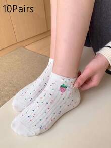 20/10/5/1 Pairs Women's Embroidered Short Invisible Socks, Multi-Color Cartoon Style, Breathable Moisture-Wicking Soft, Suitable For All Seasons And Multiple Occasions, Fresh Strawberry Embroidery - Multicolor - View 22