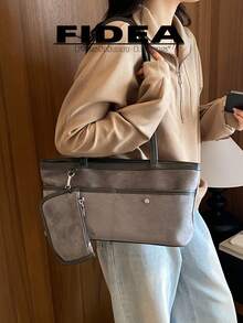 New Large Capacity Matte PU Shoulder Bag, Women's Minimalist Colorblock Handbag With Detachable Charm Pouch, Versatile For Work, Travel And Daily Use - Grey - View 4
