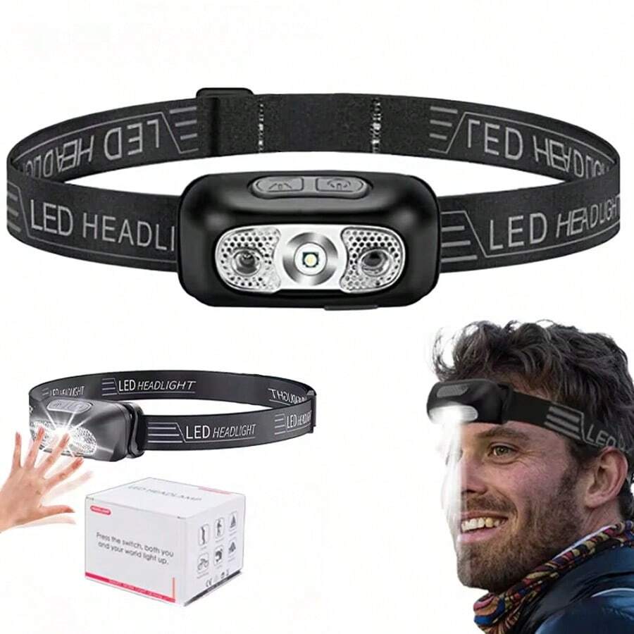 1/2pcs Ultra Bright Wave Sensor USB Rechargeable Mini LED Headlight, Rechargeable LED Headlamp With Motion Sensor Function, Suitable For Hiking, Camping, Running And Night Fishing - Black - View 1