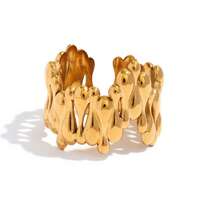 2pcs/1pc Autumn 18K Gold Plated Chunky Hammered Stainless Steel Open Ring, Punk Style Party Stackable Jewelry Gift, Adjustable Statement Ring, Suitable For Daily, Party, Vacation Wear, Gift For Her - Multicolor - View 5