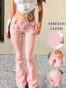 Women's Low Waist Slim Fit Flare Jeans, Pink Flare Pants, Sexy Flare Long Pants, Vintage Elegant Street Vacation Casual Style, Autumn/Winter - Pink - View 1