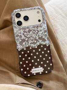 1PC Ins Autumn Maillard Vintage Brown Polka Dot Lace IMD Full Coverage Anti-Drop PC Phone Case Compatible With Apple 11 Pro Max/12 Pro Max/13 Pro Max/14 Pro Max/15 Pro Max/16 Pro Max/17 Pro Max/18 Pro Max - Multicolor - View 2
