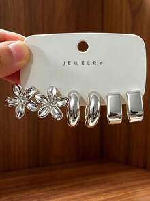 6/18PCS Fashionable Elegant Floral Geometric Multi-Element Silver Earrings Set, Women's Fashion Earrings Set, Daily Wear, (Lightweight CCB Material, Non-Fading) Suitable For Various Party Occasions. - Silver - View 7