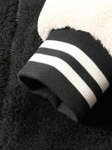 Women's Spring/Autumn American Retro Colorblock Lamb Fleece Baseball Jacket, Loose Fit Stand Collar Zipper Fleece Coat, Heavy Embroidery Patch Thick Warm Jacket - Black and White - View 8