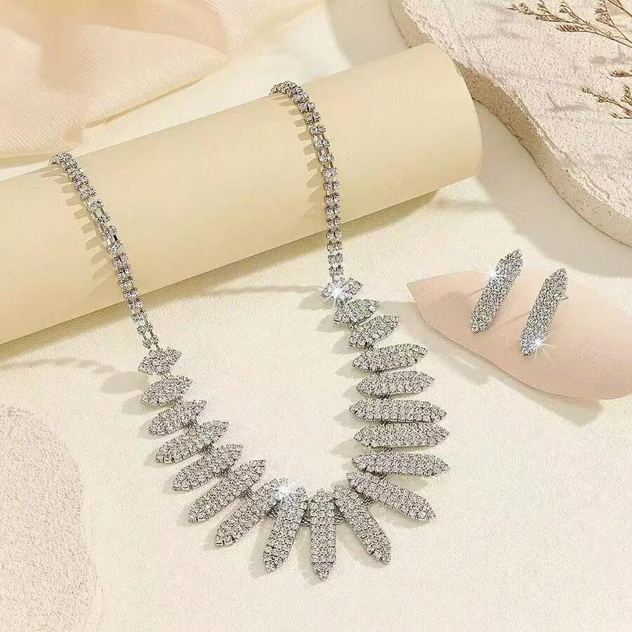Wedding Bridal Necklace & Earrings Set, Full Rhinestone Super Sparkling Neck Chain, Evening Dress Wedding Jewelry For Women - 2 Silver - View 1