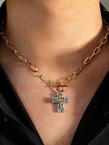 Minimalist Multi-Color Rhinestone Inlaid Hip Hop Cross Pendant Necklace, Suitable For Party, Streetwear And Holiday Wear - Multicolor - View 11