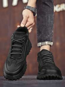 Men's Fashion Cargo Style Style Versatile High-Top Boots, Lace-Up PU Leather Non-Slip Thick Sole, Outdoor Personalized Daily Commute Versatile Boots - Black - View 3