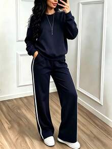 Autumn Korean Street Style Lazy Set, Dropped Shoulder Round Neck Basic Long Sleeve Sweatshirt + High Waist 3D Segmented Wide Leg Floor-Length Pants, Multi-Scenario Commute, Travel, Casual 2 Pieces Set - Navy - View 2