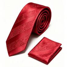 Men's Tie Set, Classic Fashion Tie And Pocket Square Set, Suitable For Weddings, Business And Banquets - Red - View 2