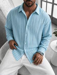 Men's Long Sleeve Striped Shirt, Casual Fashion Design, Spring/Autumn Daily Wear - Baby Blue - View 3