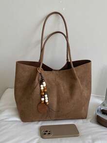 Dedoo Tas Tote Kapasitas Besar Mirip Suede, Dua Pegangan Tanpa Liontin, Tas Bahu Santai Bergaya Vintage untuk Wanita, Cocok untuk Perjalanan Musim Gugur dan Musim Dingin - Coklat - View 5