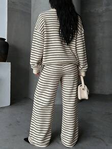 Casual Striped Textured Knit 2 Pieces Set, Round Neck Loose Top And Wide Leg Pants, Suitable For Casual, Vacation, Dating Wear - Black and White - View 2
