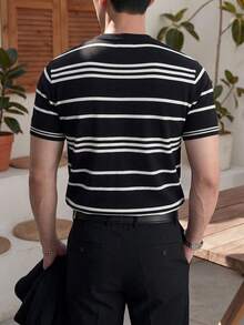 ALTZTAR Men's Nautical Striped Knit Crew Neck Short Sleeve Pullover T-Shirt, Casual Business Slim Fit - Black - View 3
