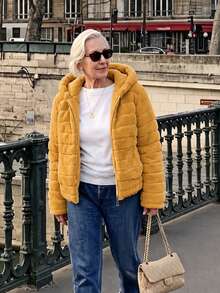 Women's Faux Fur Hooded Pocket Coat - Perfect Choice For Autumn/Winter - Yellow - View 4