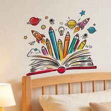 1pc 2D Book-Style Colored Pencil Space Wall Sticker, Rocket Astronaut Planet Pattern Self-Adhesive Decorative Decal - Multicolor - View 3