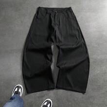 Black 3D Segmented Wide Leg Casual Pants, Curved Stitching Loose Straight Leg American Style Long Pants For Men - Black - View 3