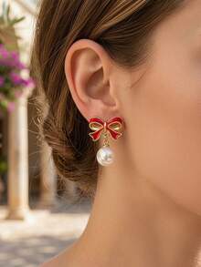 1 Pair European & American Style Fashion Red Oil Drop Pearl Earrings, Elegant Versatile Internet Celebrity Ear Studs, New Year & Christmas Gift - Red - View 1