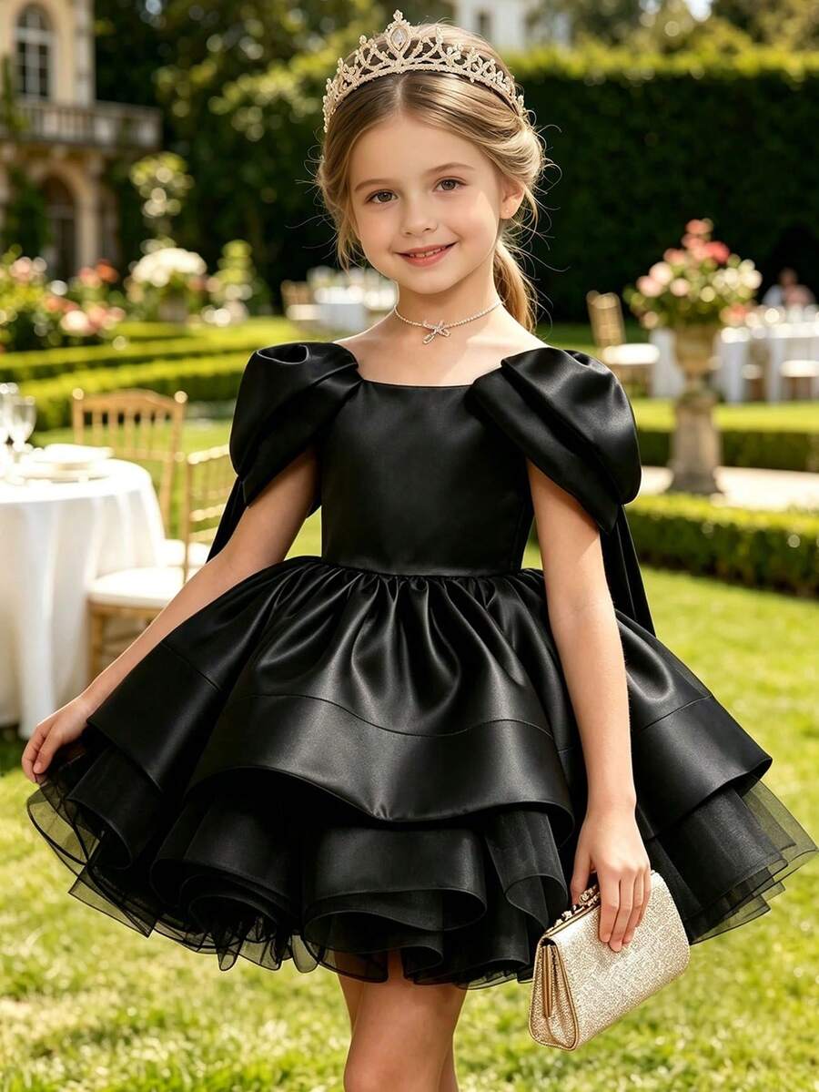 Girls' Elegant Luxurious Short Sleeve Satin Short Dress For Birthday Party, Celebration, Wedding, Photo Shoot