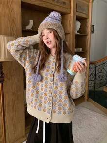 Vintage Jacquard Round Neck Knitted Button-Up Cardigan Ditsy Floral Long Sleeve Women's Open Front Sweater - Khaki - View 4