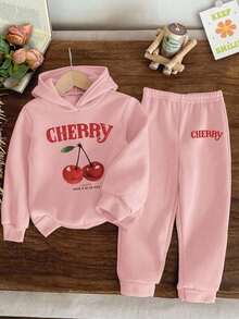 Young Girl Letter Cherry Pattern Hooded Warm Sweatshirt And Pants Set - Pink - View 1