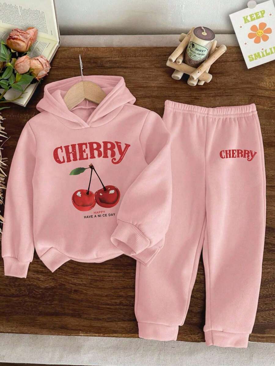 Young Girl Letter Cherry Pattern Hooded Warm Sweatshirt And Pants Set - Pink - View 1