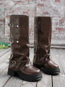 Women's Thick Sole Tall Boots, New Autumn/Winter Riding Boots With Buckle Design, Fashion High-Shaft Boots - Brown - View 5