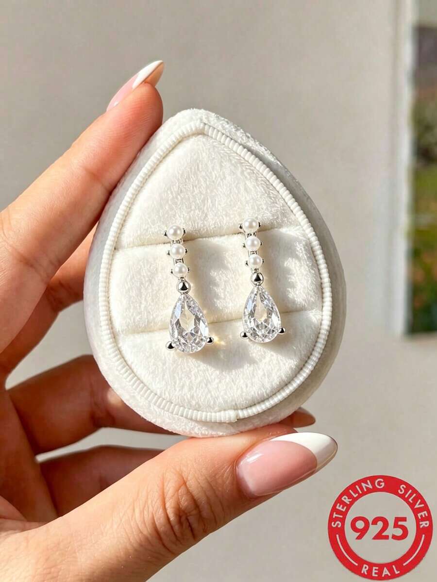 1 Pair S925 Sterling Silver Luxury Teardrop Zirconia Stud Earrings, Sparkling Zirconia Inlaid, Elegant Elegant, Quality Jewelry For Women's Daily Wear, Exquisite Gift For Loved Ones - Silver - View 1