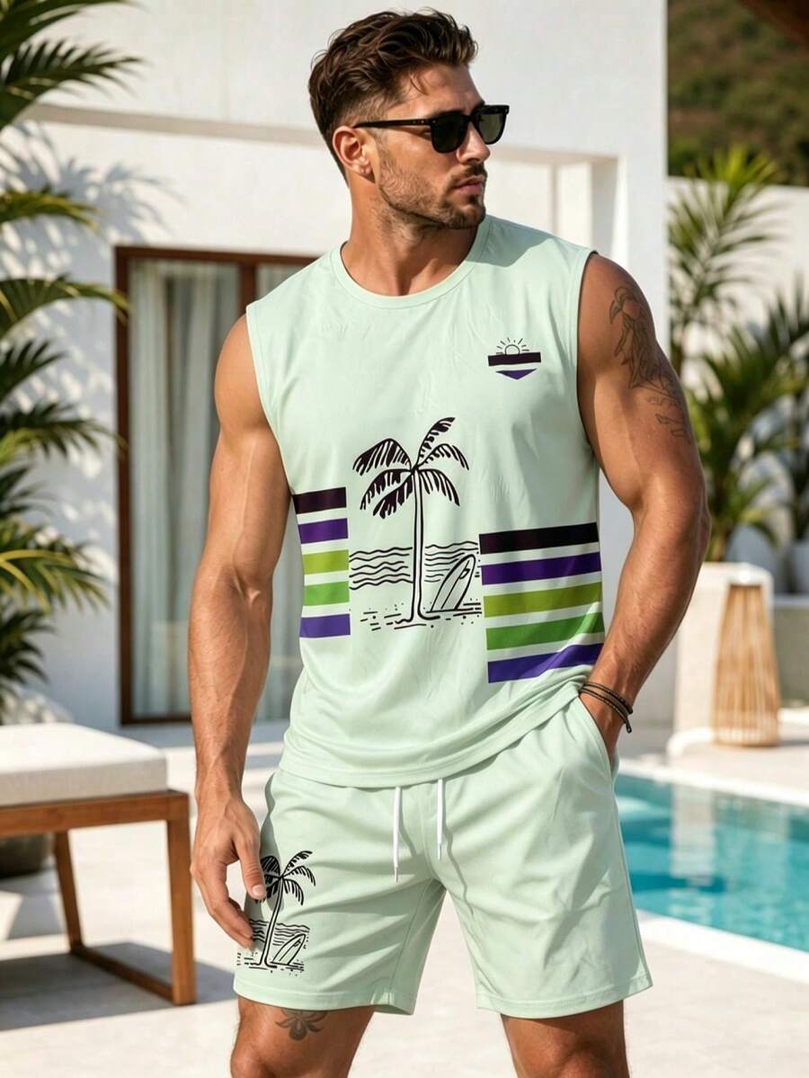 Men's Palm Tree Print Crew Neck Tank Top And Shorts Casual Set - Multicolor - View 1