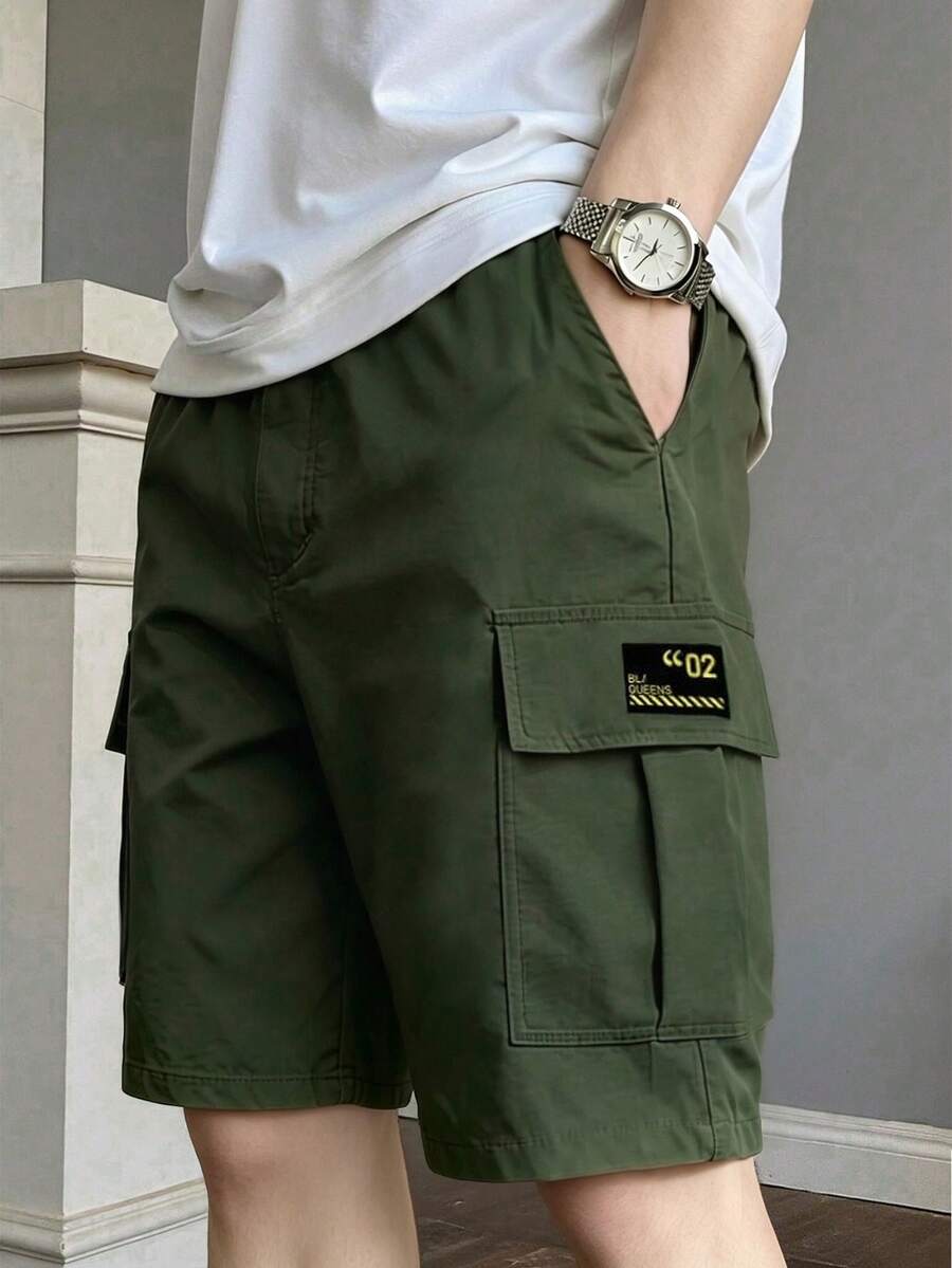 1 件青少年男孩休闲运动户外口袋时尚简约实用短裤,春/秋 - 軍綠色 - 查看 1