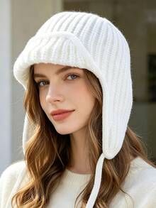 1pc Japanese Style Cute Pink Knitted Earflap Hat For Women, Face-Slimming Warm Winter Earflap Hat - Multicolor - View 10