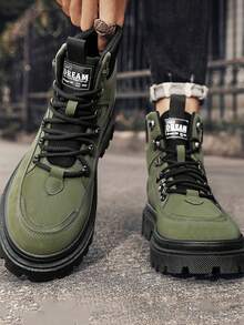 GAISIMA 新款男士對比飾邊軍綠色防滑厚底高筒皮革靴，秋冬復古戶外工裝踝靴 - 綠色 - 查看 4