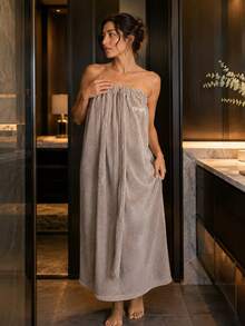 1PC Long Strapless Terry Towel Bath Wrap Dress With Custom Embroidery,Customizable Text Detail And Adjustable Tie Closure,4 Size Choices For Indoor Home Space, Home Essential For Bathroom And Bedroom,Nice Holiday Gift Option For Household Family - Multicolor - View 8