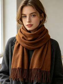 1pc Autumn/Winter Warm Solid Color Scarf, Minimalist Versatile Neck Warmer Shawl, Multiple Colors Available - Brown - View 4