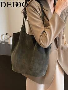 Dedoo 麂皮水桶托特包，純色雙長肩帶，大容量復古單肩包，適合女士秋冬通勤旅行 - 墨綠色 - 查看 7