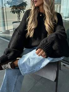 Solid Color No Decoration Round Neck Oversized Puff Sleeve Loose Short Knit Sweater, Suitable For Autumn Daily Casual Wear And Weekend Gatherings - Black - View 1
