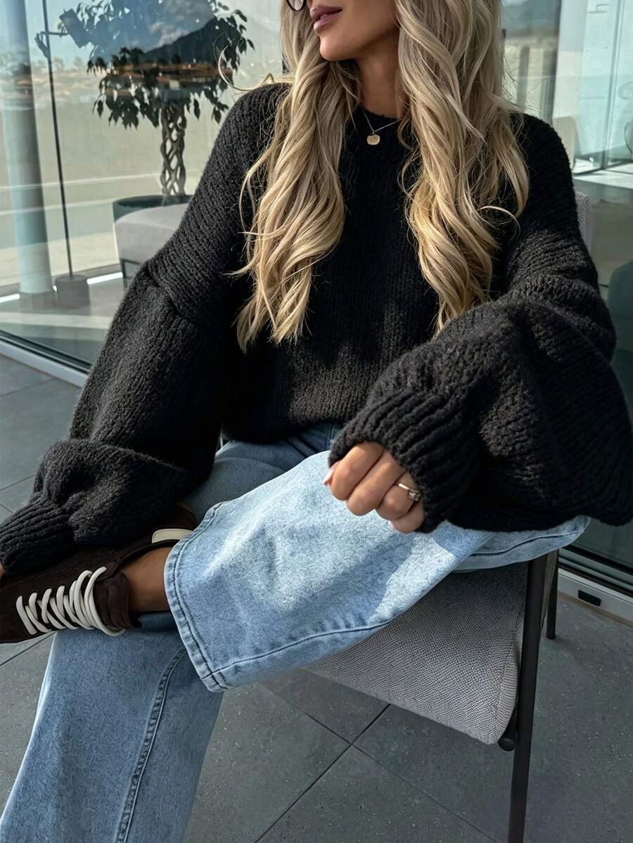 Solid Color No Decoration Round Neck Oversized Puff Sleeve Loose Short Knit Sweater, Suitable For Autumn Daily Casual Wear And Weekend Gatherings - Black - View 1