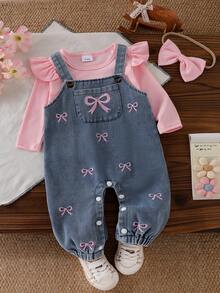 Baby Girl Soft & Cute 3-Piece Set, Pink Ribbed Ruffle Flutter Sleeve Long Sleeve Inner Top + Embroidered Bow Light Wash Denim Overall Pants + Pink Bow Headband, Sweet Spring/Autumn Outfit For Infants And Toddlers - Pink - View 1