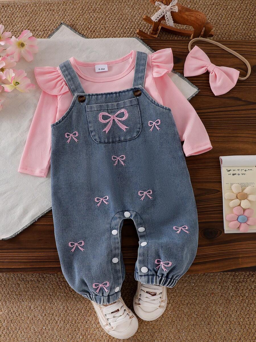 Baby Girl Soft & Cute 3-Piece Set, Pink Ribbed Ruffle Flutter Sleeve Long Sleeve Inner Top + Embroidered Bow Light Wash Denim Overall Pants + Pink Bow Headband, Sweet Spring/Autumn Outfit For Infants And Toddlers - Pink - View 1