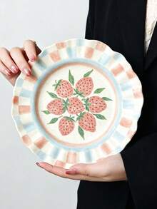 1pc French Wave Edge Fruit Ceramic Plate, Hand-Painted Plaid Plate, 8inch Plate, Steak And Pasta, Perfect For Bread, Cake, Dessert, Fruit, Salad, Mother's Day, Thanksgiving - Multicolor - View 17