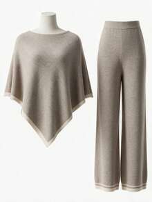 Women's Autumn/Winter High Neck Long Cloak, Loose Fit Colorblock Sweater And Wide Leg Pants 2 Pieces Set - Light Khaki - View 7