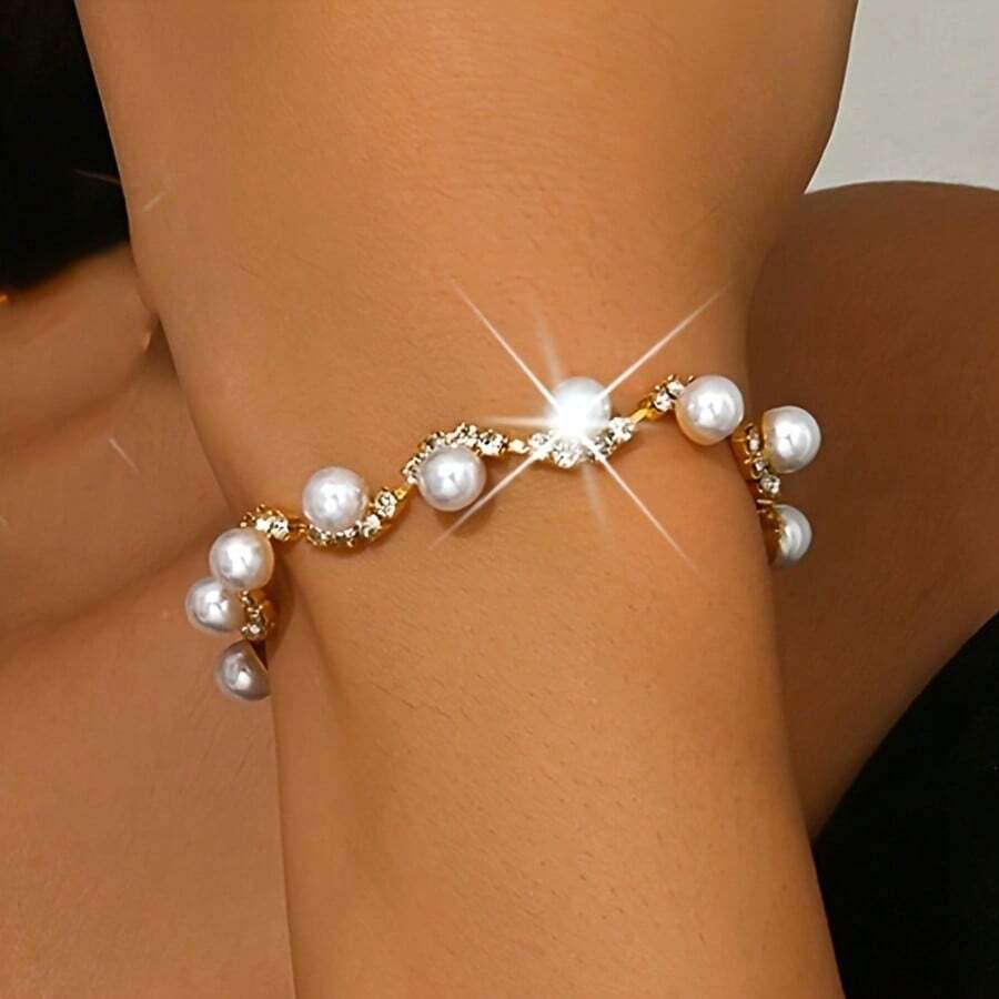 1pc/French Luxury Pearl & Rhinestone Bracelet For Women, Elegant Elegant INS Style, Best Friend Gift - Multicolor - View 1