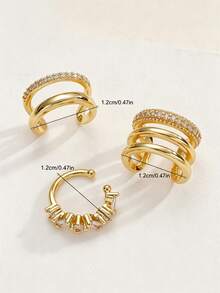 3pcs Women's Clip-On Earrings - Star And Circle Exquisite Copper Zirconia Studs, Suitable For Party And Daily Wear, All Year Round, Easy Clip-On Earrings - Yellow Gold - View 3