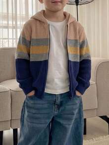Boys Toddler College Style Colorblock Striped Hooded Knit Cardigan Sweater Jacket Long Sleeve Suitable For School Daily Wear Spring Autumn Winter - Apricot - View 4