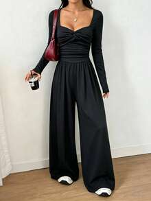Women's Autumn/Winter Square Neck Front Twist Design Solid Color Pleated Casual Minimalist Daily Wear Jumpsuit - Black - View 2