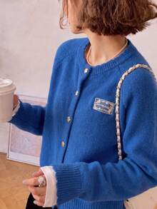Women's Autumn/Winter Casual Minimalist Young Unique Button Round Neck Knit Cardigan Jacket - Blue - View 4