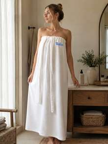 1PC Long Strapless Terry Towel Bath Wrap Dress With Custom Embroidery,Customizable Text Detail And Adjustable Tie Closure,4 Size Choices For Indoor Home Space, Home Essential For Bathroom And Bedroom,Nice Holiday Gift Option For Household Family - Multicolor - View 3