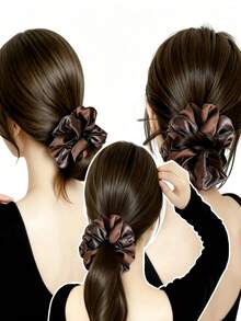 1pc Women's French Vintage Autumn/Winter Patchwork Satin Scrunchie, Brown Tone Shiny Blue & Brown Floral Pattern Large Hair Tie For Bun And Low Ponytail - Multicolor - View 6