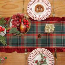 1pc Christmas Plaid Patchwork Velvet Ruffle Table Runner, Suitable For Christmas Holiday And Home Decor - Green Plaid - View 6